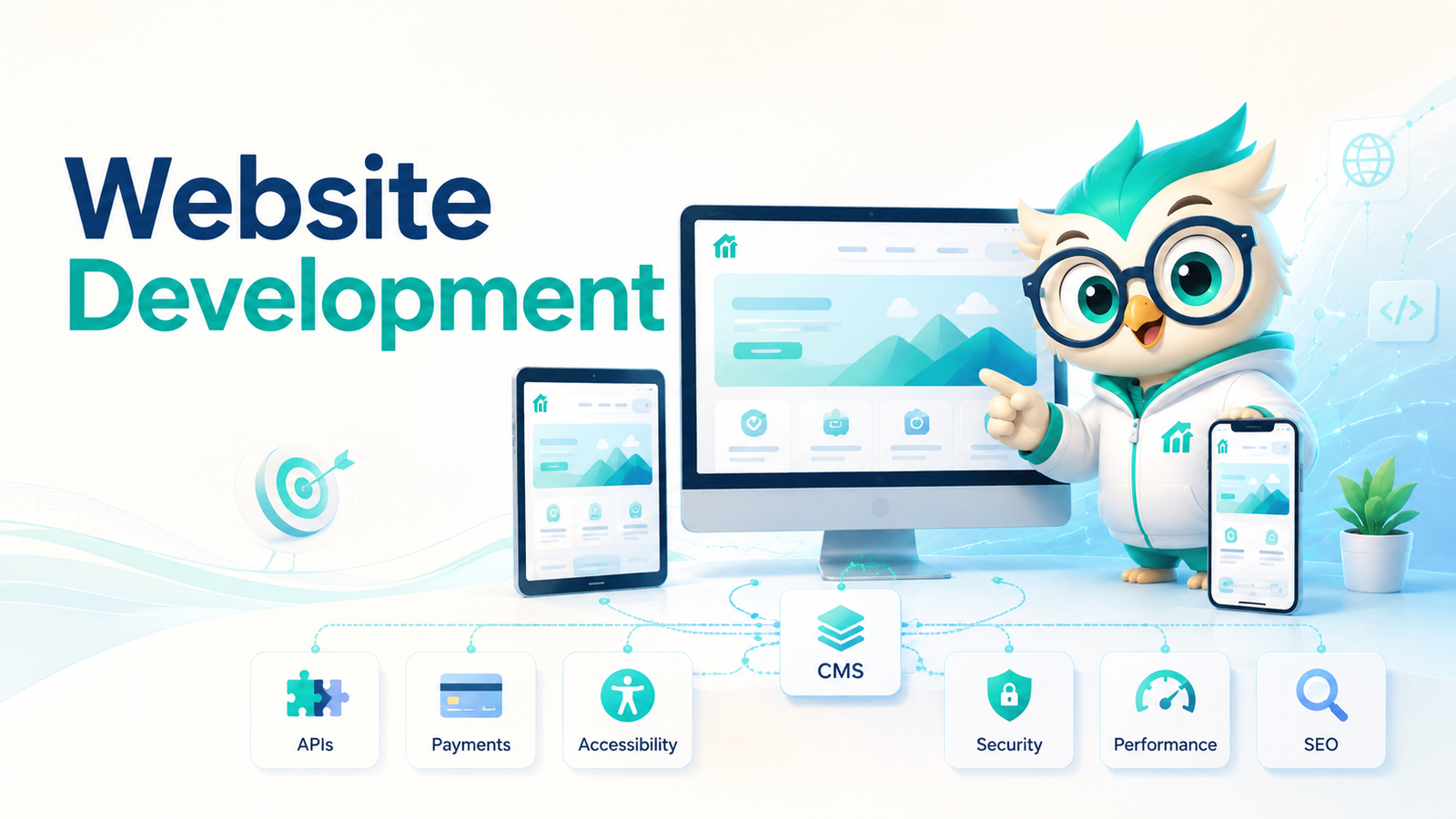 Responsive website development system with integrations, accessibility, security, performance, CMS, and SEO foundations