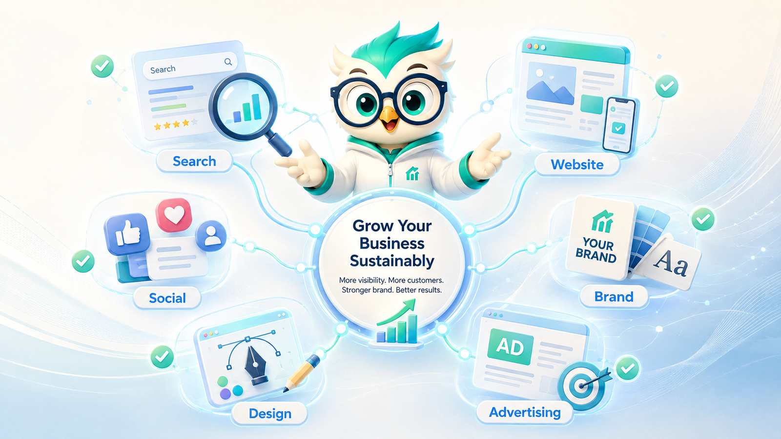 Growthut services overview connecting search, websites, social media, brand, design, and advertising around sustainable growth