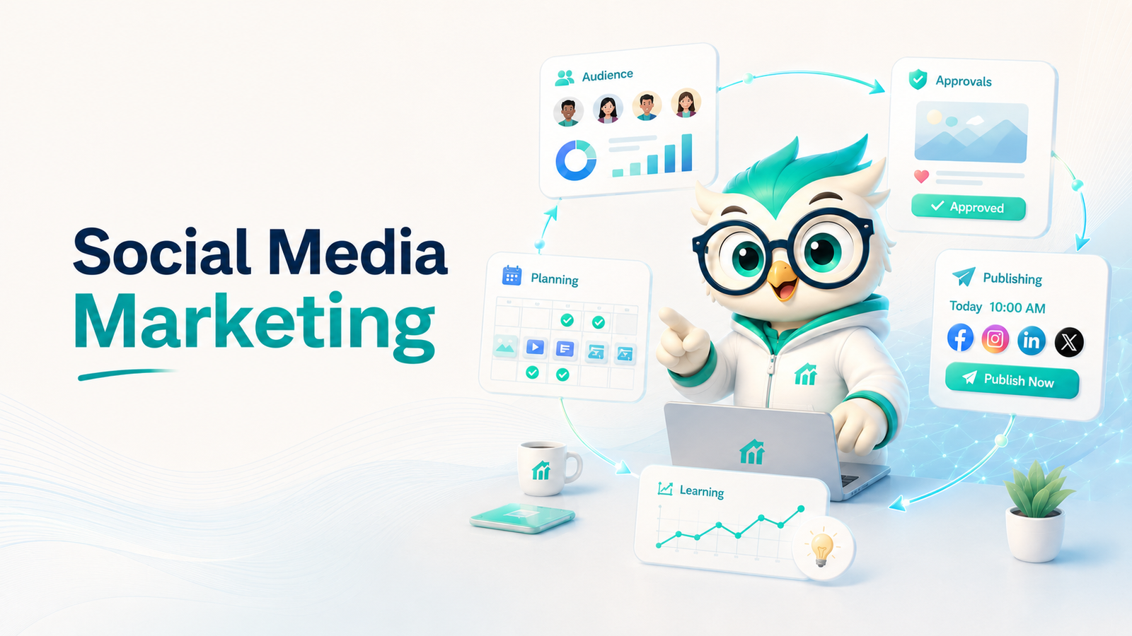Social Media Marketing workflow connecting audience insight, planning, approvals, publishing, and learning